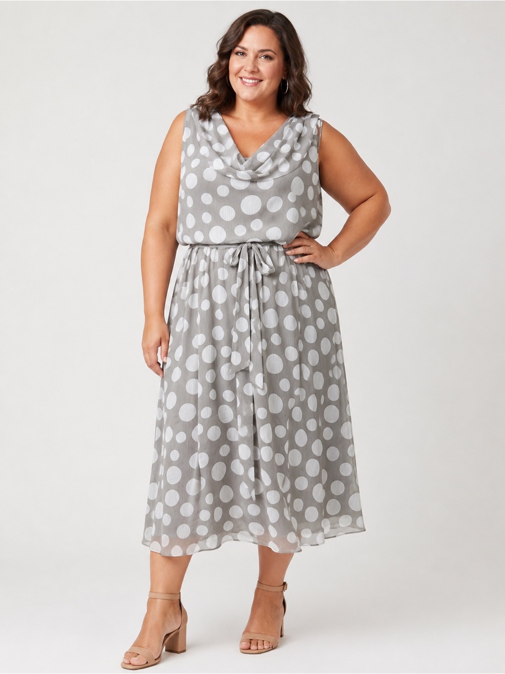 MSK Gray and White Polka Dot Sleeveless Midi Dress